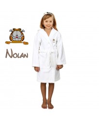 Brown Cat Cartoon Design & Custom Name Embroidery on Kids Hooded Bathrobe